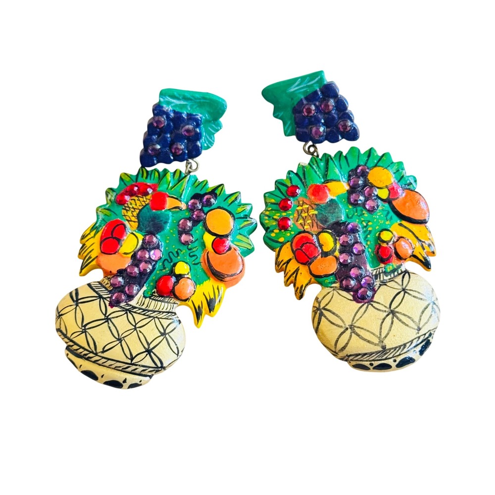 VTG Fruit Colorful Large Earrings Rhinestone Flashy Dangle Pierced Statement 80s